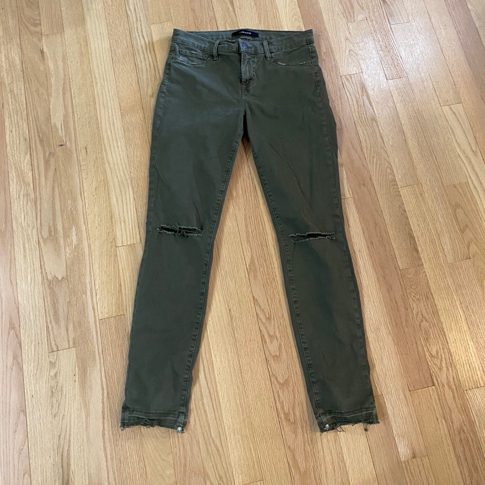 J Brand green 811 skinny leg distressed jeans